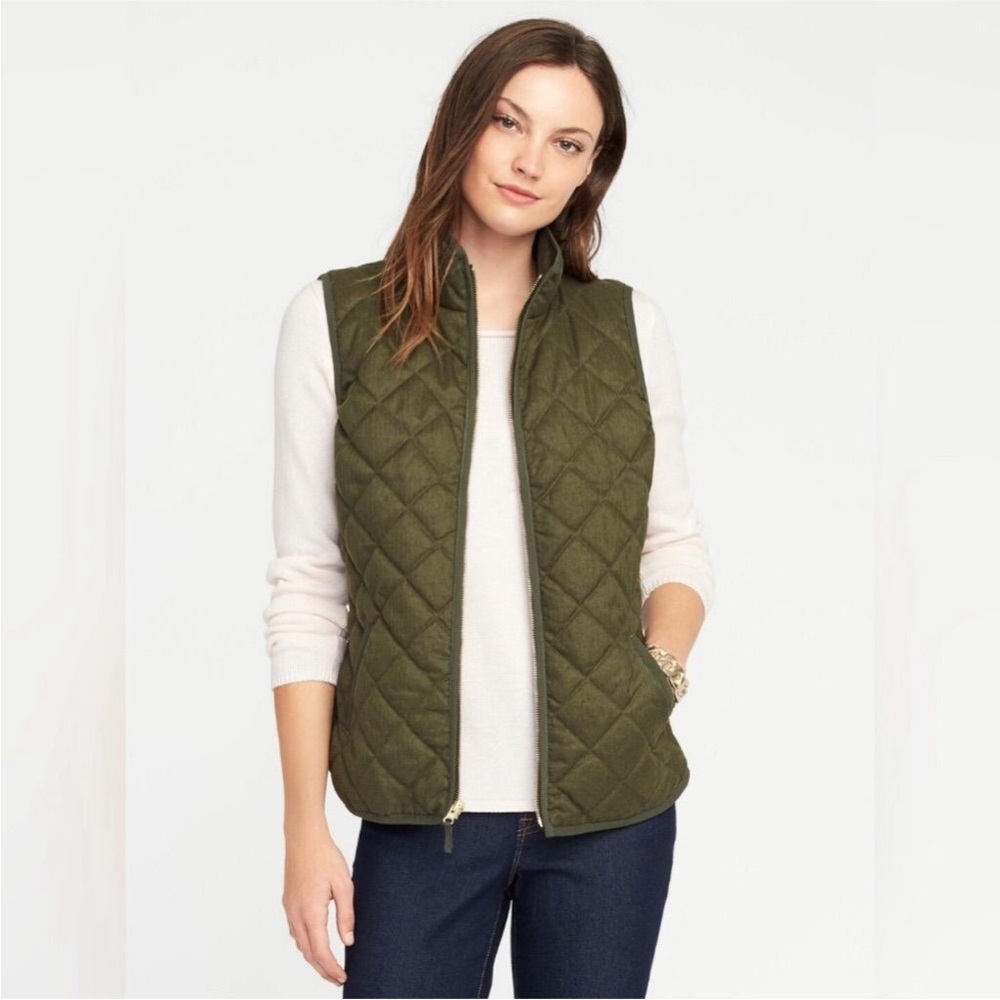 Old Navy Diamond Quilted Sleeveless Full Zip Front Vest — Olive Green